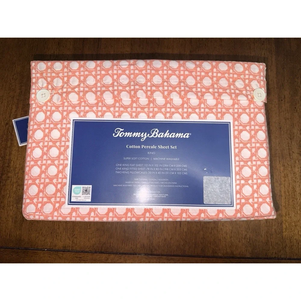 Tommy Bahama King Sheet Set Diamond Isle Orange 100% Cotton Percale Bedding New